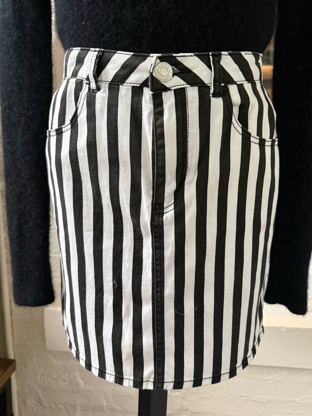 Striped Black & White Mini Skirt with Front Button